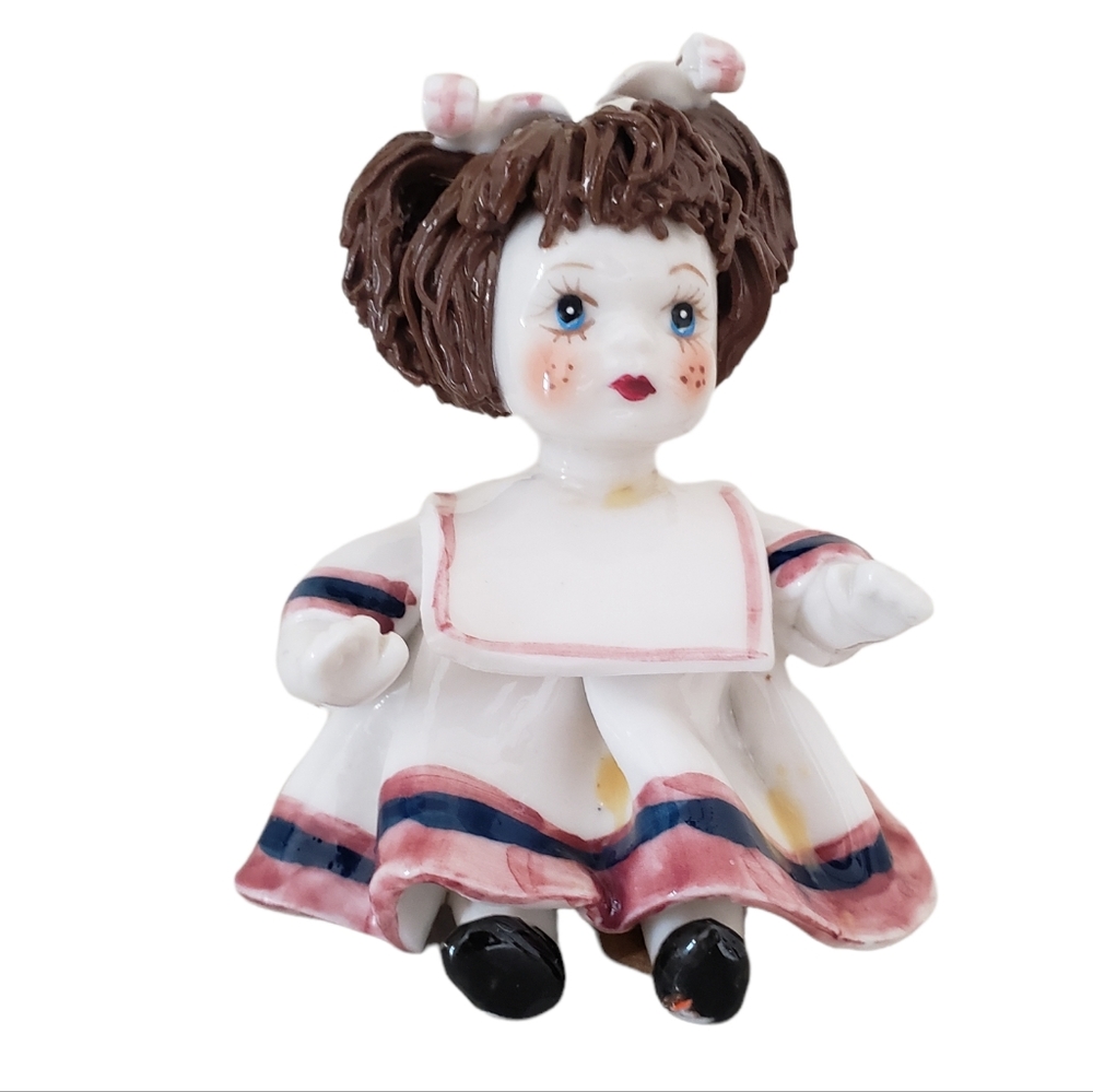 Vintage White Dress Ceramica Little Girl Doll Spaghetti Hair Figurine